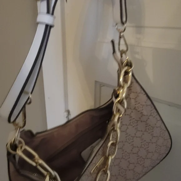 Nanette Lepore Monogram Shoulder Bag – Tan/Beige with Gold Chain Detail - Picture 15 of 16